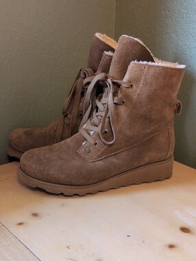 BearPaw Krista Brown Suede Lace-Up Ankle Boots with Shearling Trim